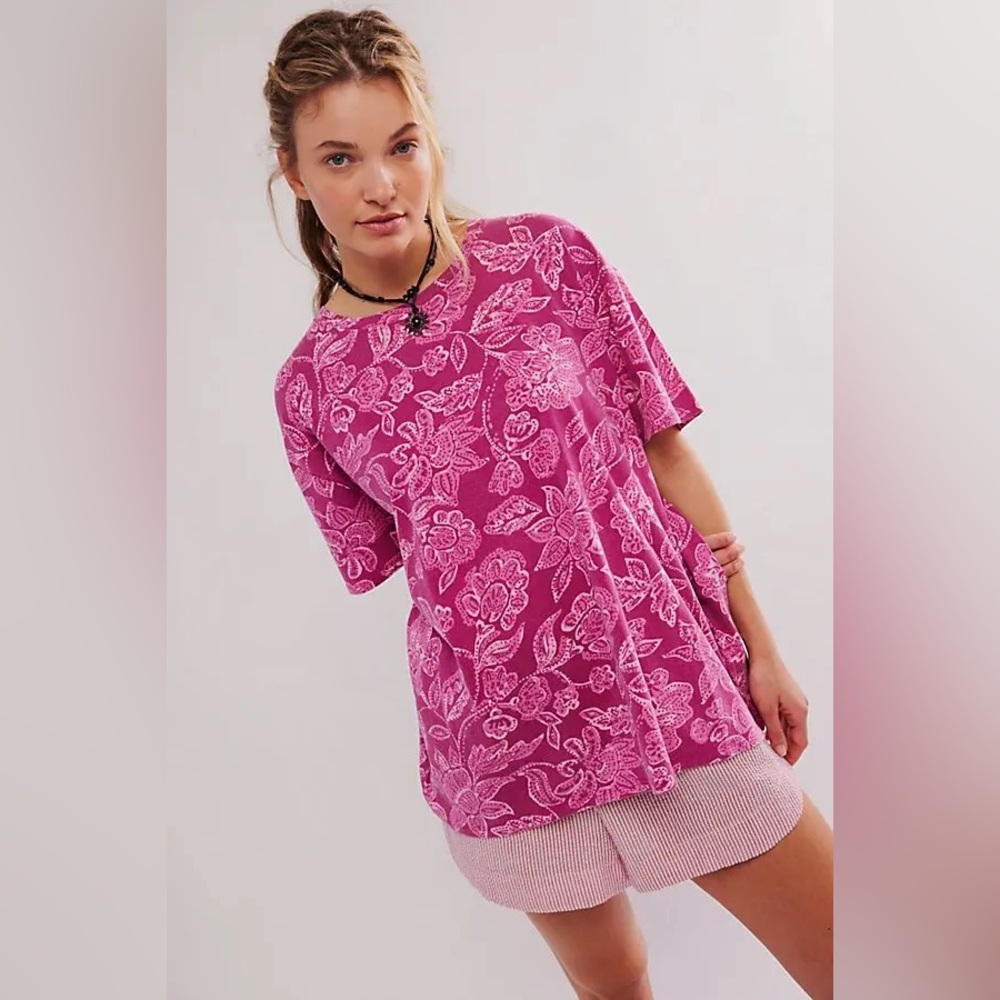 NWOT Free People/We The Free Nina Printed Tee-Magenta Combo